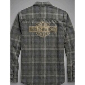 Harley Davidson Shirt Plaid Black & Gray Long Sleeve Embroidered Logo Men Size M